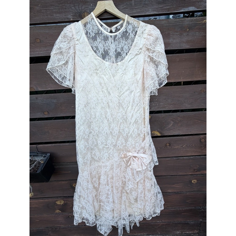 Vintage Romantic Lace Dress Asymmetrical Victorian 90's Peach Cottage Bow Size 8